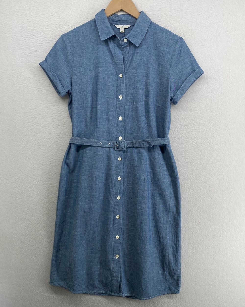 LL BEAN Dress 6 Signature Chambray Shirtdress Button Up Short Sleeve Belted Blue